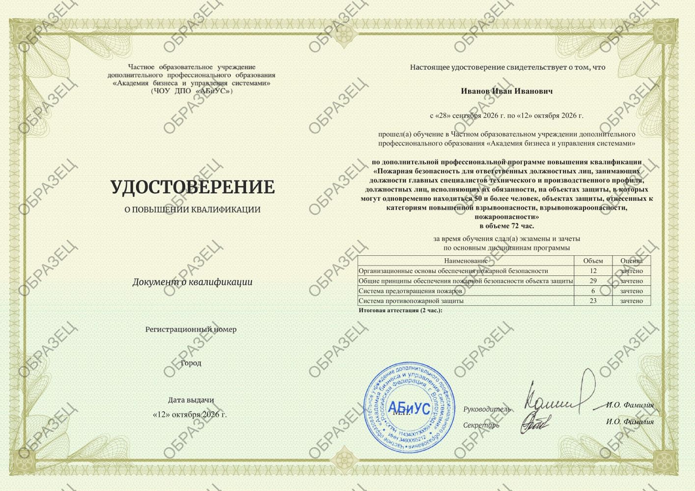 Удостоверение Пожарная безопасность для ответственных должностных лиц, занимающих должности главных специалистов технического и производственного профиля, должностных лиц, исполняющих их обязанности, на объектах защиты, в которых могут одновременно находиться 50 и более человек, объектах защиты, отнесенных к категориям повышенной взрывоопасности, взрывопожароопасности, пожароопасности 72 часа 4375 руб.